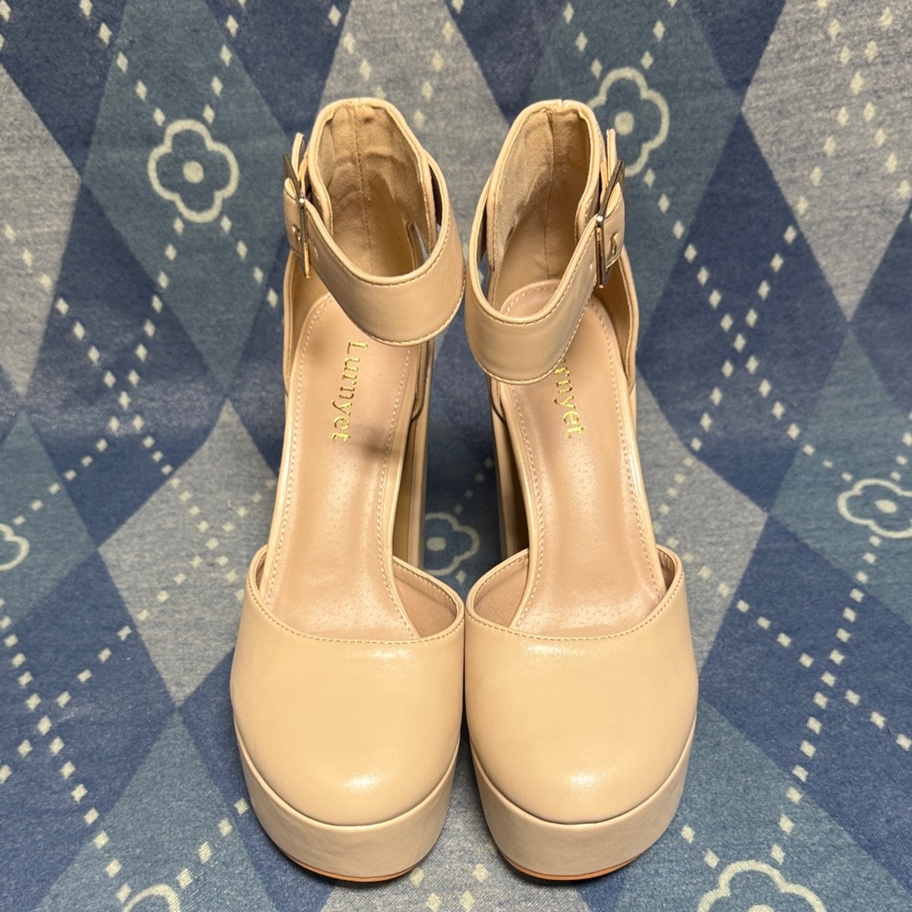 Platform Ankle-Strap Pumps in Nude by Unknown
